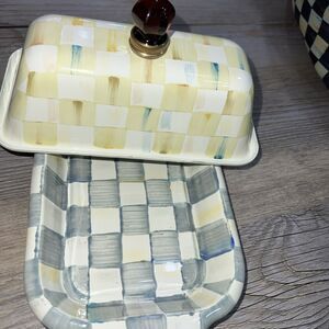 Mackenzie Childs Parchment AND Sterling Check Covered Butter Box 9" x 5" YUP